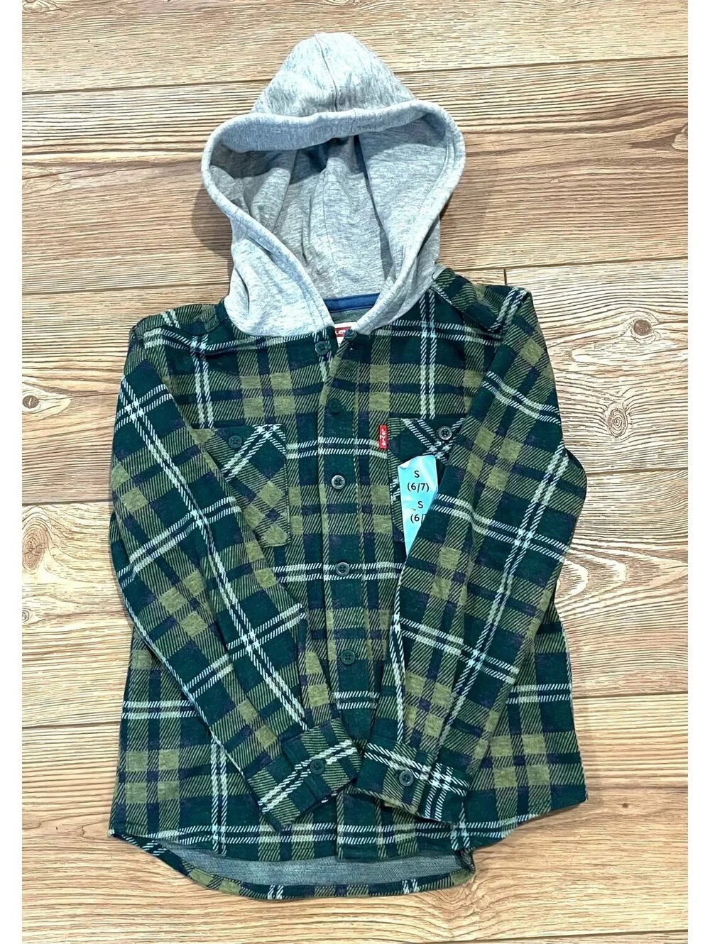 Levi's Boys Hooded Flannel Shirt Jacket 6/7 NWT Green Plaid